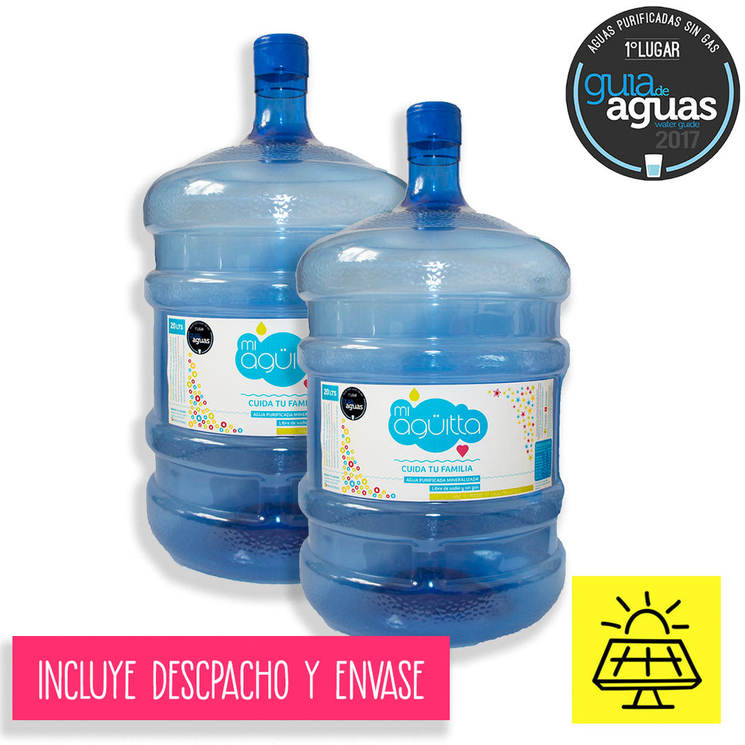 Botellón Bidón de 20 litros agua purificada remineralizada producida con Energía Solar